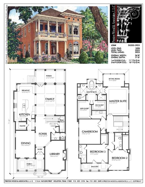 two story house plans with floor plans and measurements for each room in the house,