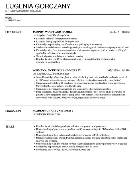 Plant Engineer Resume Samples | Velvet Jobs