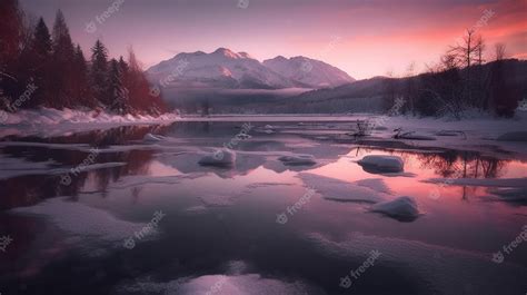 Premium AI Image | A snowy mountain landscape with a purple sky and a snowy mountain in the ...