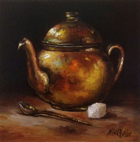 Copper Teapot Original Painting Nina R.Aide Still Life Oil on Wood 6x6 Fine Art Fruit Small ...