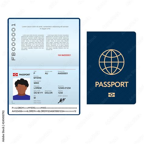 Opened international passport template with blue cover, personal data page with man photo ...