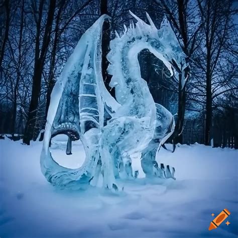 Dragon ice sculpture in the snow on Craiyon