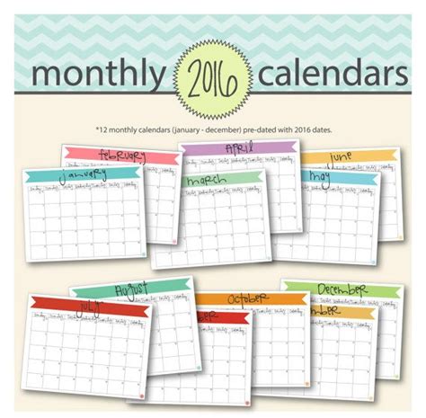 NEW! 2016 Banner Calendar Set - 12 Printable Monthly Calendars | Calendar, Print calendar ...