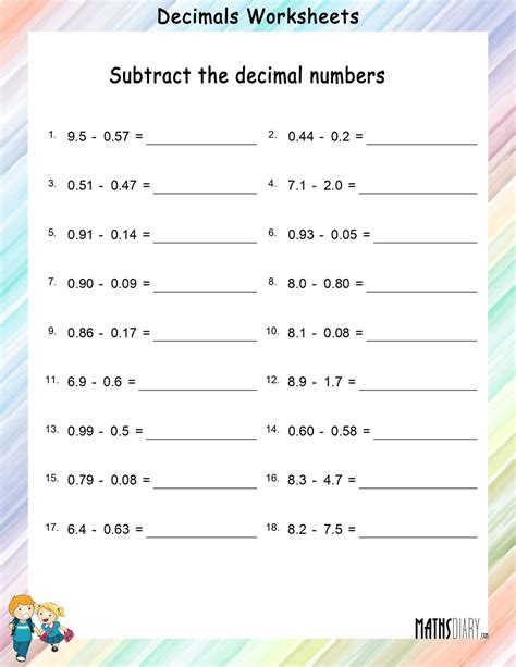 Subtraction of Decimal numbers - Math Worksheets - MathsDiary.com