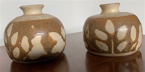 Pair Rounded Vintage Stoneware Studio Pottery Vases Vessels Mid Century Modern