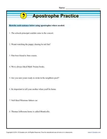 Apostrophe Practice | Punctuation Worksheets