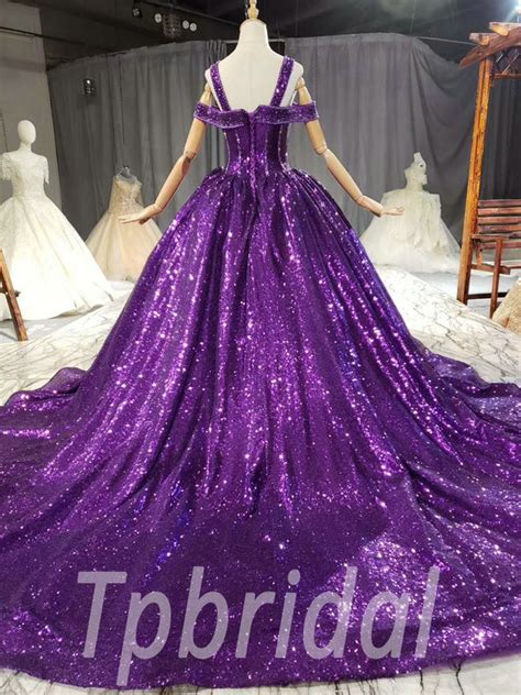 Purple Sparkle Prom Dress Ball Gown Wedding Dress With Veil