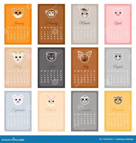 Cute Monthly Calendar 2020 with Animals Stock Illustration - Illustration of polar, doodle ...