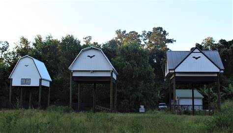 three white buildings sitting in the middle of a field next to tall grass and trees