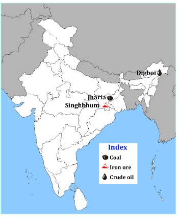 On the outline map of India, locate and label 1 region for each of the following minerals: