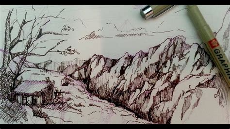 Pen and Ink Drawing Tutorials | How to draw a mountain landscape - YouTube