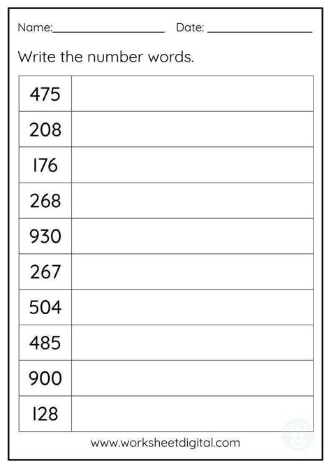 Number Words to 1000 - Worksheet Digital