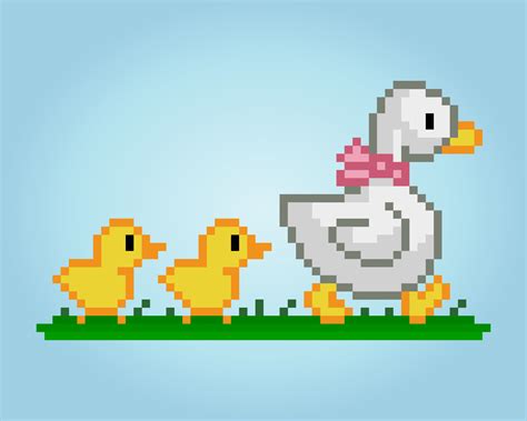 8 bit pixel parent duck and cubs. Animals pixel for game assets and ...