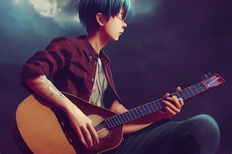 Premium Photo | Anime boy playing the guitar. 3d rendering. raster illustration.