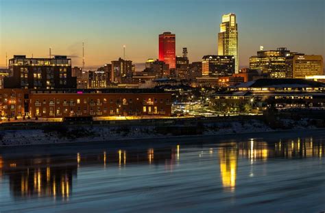 The Omaha skyline after sunset as viewed from the parking garage at Harrah's Council Bluffs ...