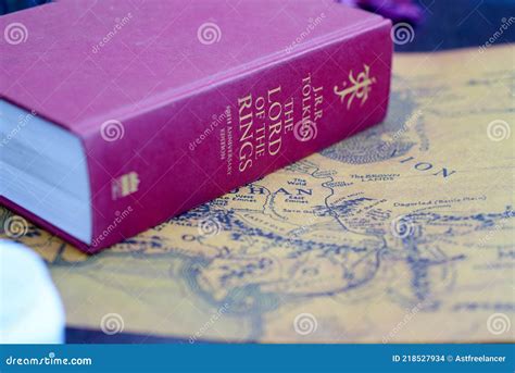 Astrakhan, Russia - 05.12.2021: Red Thick Lord of the Rings Book Lies on Middle-Earth Map ...