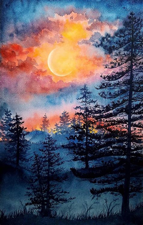 Moonlight, Watercolor | Landscape art painting, Landscape paintings ...