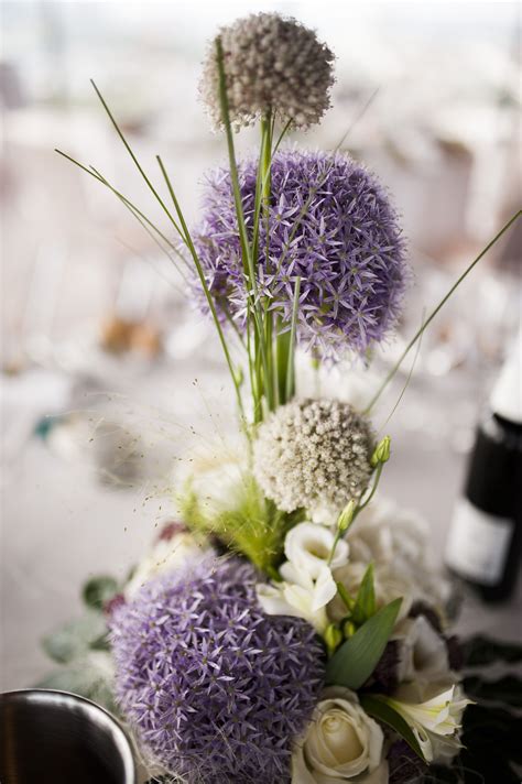 Flower arrangement for our wedding using mainly white and purple Allium ...