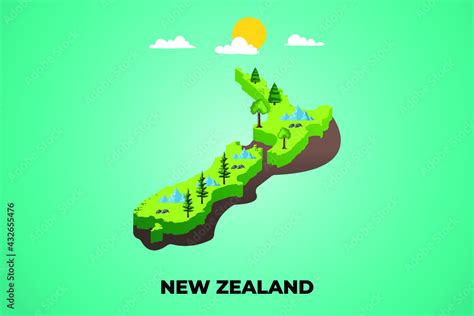 New Zealand 3d isometric map with topographic details mountains, trees and soil vector ...