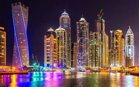 Dubai-city of skyscrapers, tall buildings, night light-port-yachts-Desktop Wallpaper download ...