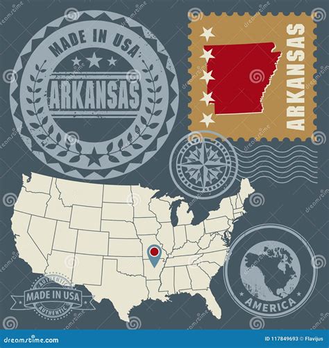 Abstract Post Stamps Set with Name and Map of Arkansas, USA Stock ...