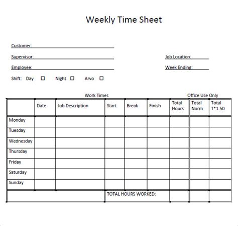 Printable Weekly Timesheet Template Word