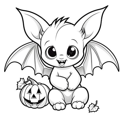 Cute Halloween Bat With Pumpkin Coloring Page, Outline Cartoon Vector Illustration, Halloween ...