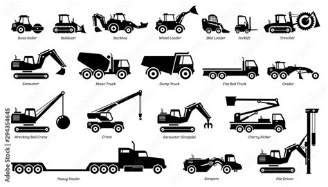 List of construction vehicles, tractors, and heavy machinery icons. Sideview artwork of ...