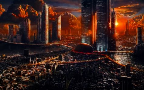 Apocalyptic Sci-Fi City: HD Wallpaper of Fire and Clouds