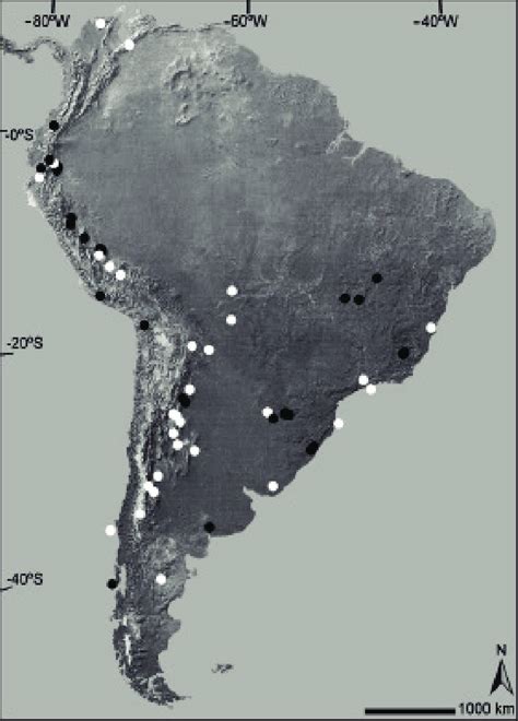 Map of South America depicting the geographical distribution of those ...