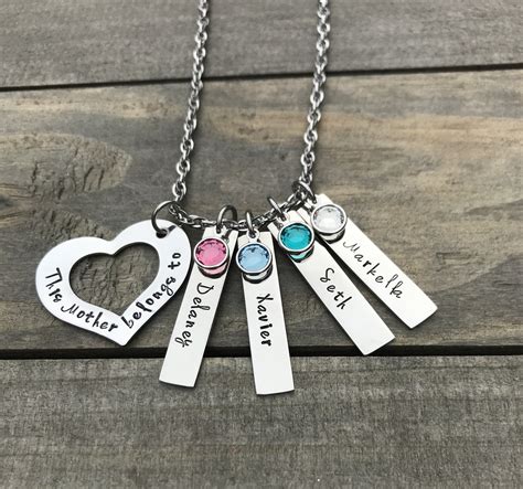 Mom Necklace / 1 2 3 4 5 Name birthstone Gift / Custom engraved Necklace Jewelry / Mother Child ...