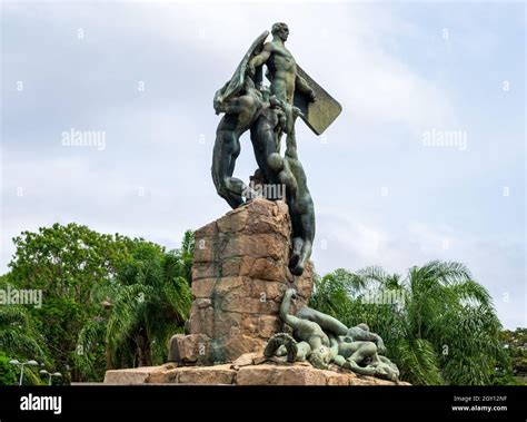 Sculpture to Alberto Santos Dumont in a public park in 'La Gloria' district in Rio de Janeiro ...