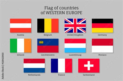 Set of flags of Western Europe countries. 11 ensigns of Western Europe ...