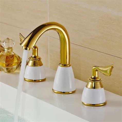 Basin Faucets Polished Gold Brass Made Modern Bathroom Sink Faucet Double Handle 3 Hole Bath ...