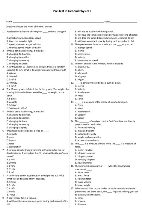 Pretest GENERAL PHYSICS I - Pre-Test in General Physics I Name: - Studocu