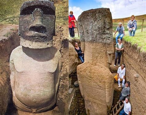 The buried bodies of the iconic Easter Island moai basalt statues, built by the Rapa Nui people ...