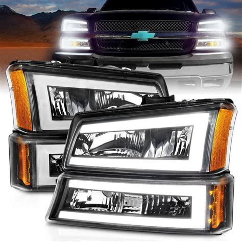 2003-2006 CHEVY SILVERADO 1500/2500/3500 HEADLIGHTS C BAR COMBO BLACK AMBER