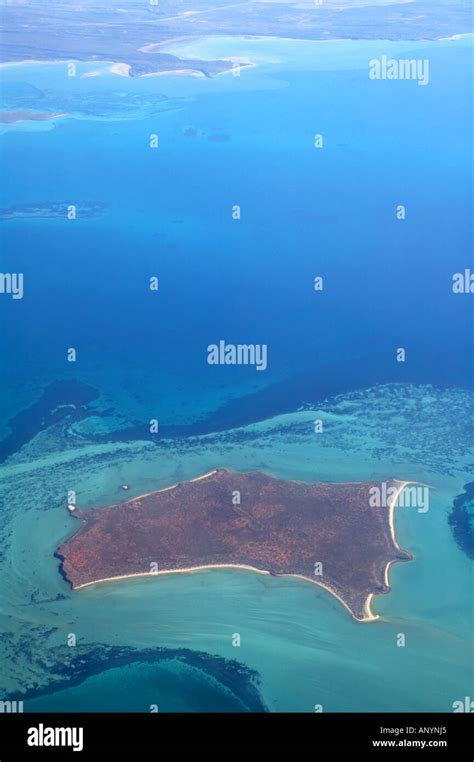 Shark Bay Marine Park and World Heritage Area aerial view of bays and islands showing seagrass ...