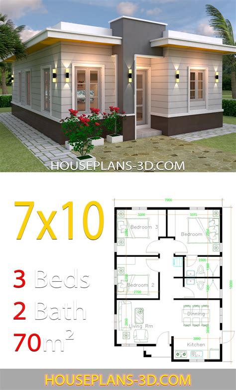 House Design 7x10 with 3 Bedrooms Terrace Roof - House Plans 3D