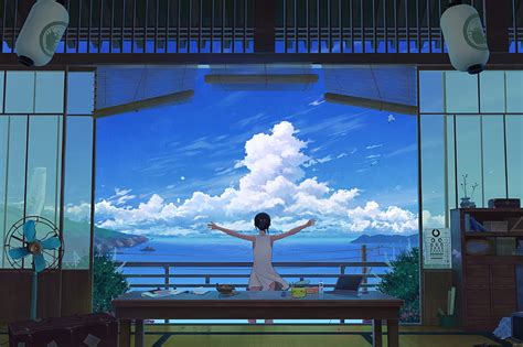 Art, Sea, Clouds, Girl, Terrace HD wallpaper | Pxfuel