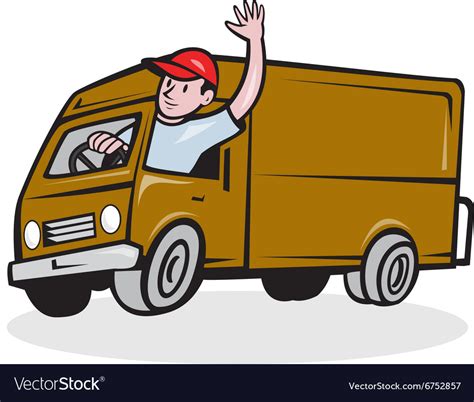 Delivery Man Waving Driving Van Cartoon Royalty Free Vector