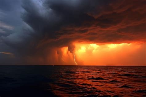 Premium AI Image | Lightning storm on the ocean at golden hour