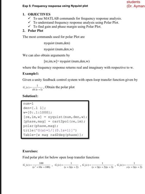 Solved Exp 5: Frequency response using Nyquist plot 1. | Chegg.com