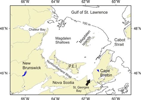 Chart of the southern Gulf of St. Lawrence showing geographic and... | Download Scientific Diagram