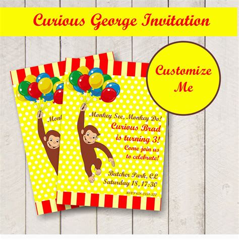 Curious George Birthday Invites Editable Curious George Party Invitation Personalized – BirthdayBuzz