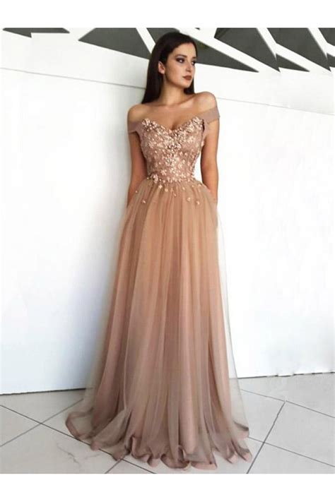 Elegant Off-the-Shoulder Beaded Lace Tulle Long Prom Dresses Formal ...