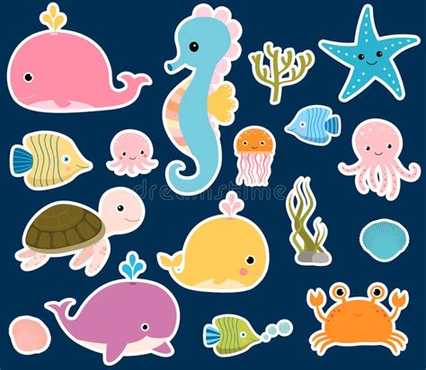 Cute Vector Sea Animals Stickers Stock Vector - Illustration of ocean ...