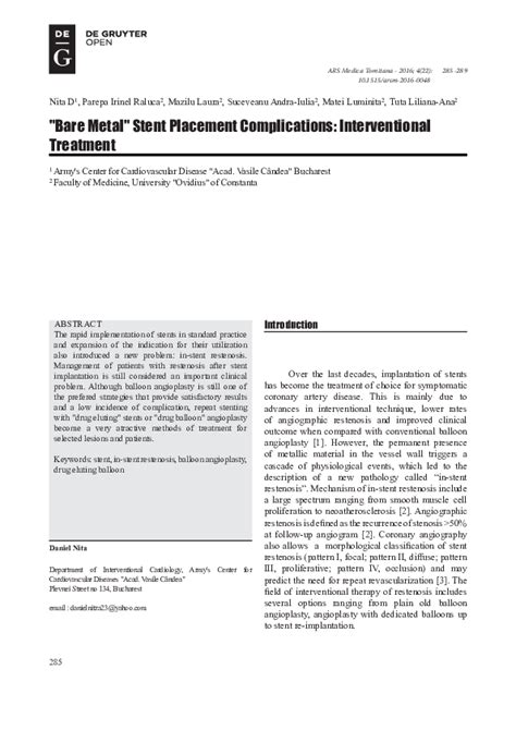 (PDF) “Bare Metal” Stent Placement Complications: Interventional Treatment | Luminita Matei ...