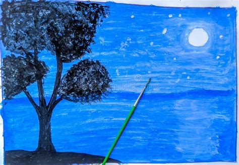 Beautiful Kids Painting of Night Sky and Black Trees Stock Image ...