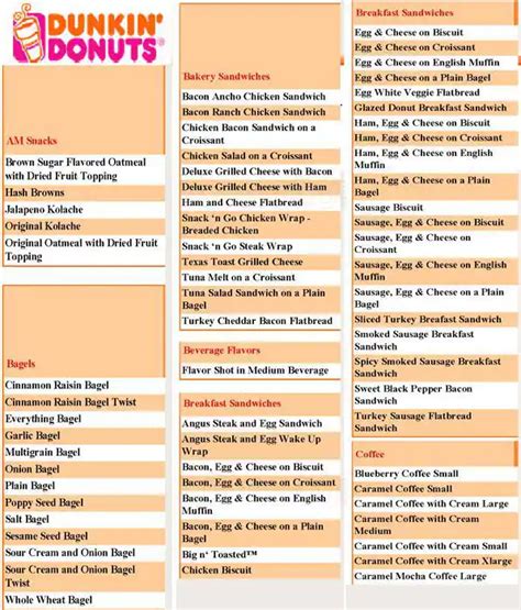 Printable Dunkin Donuts Menu